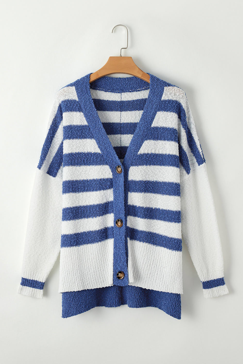 Blue Stripe V-hals knappet høy lav genser cardigan