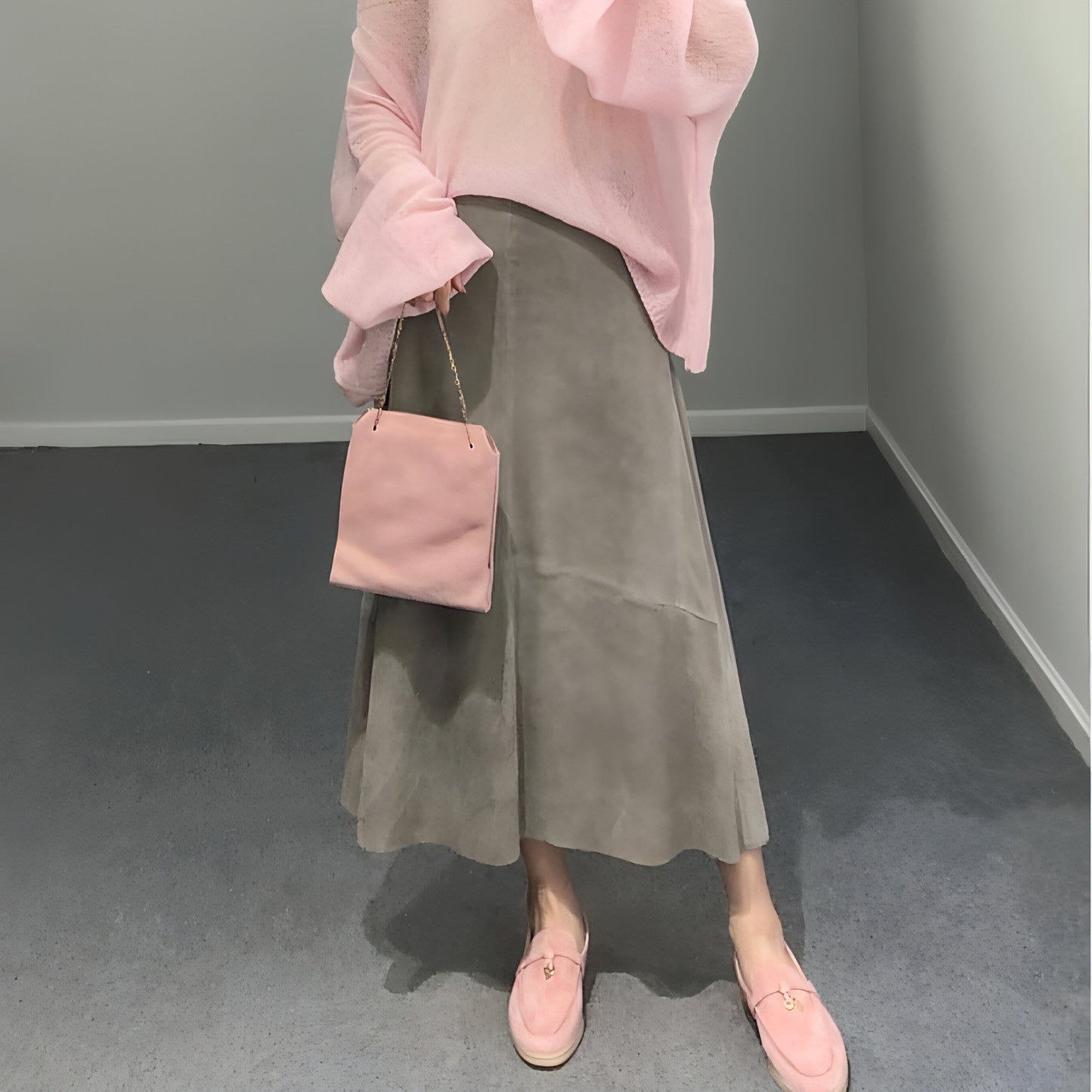 High Waist Sheepskin Suede Commute Minimalist Overknee Long Skirt