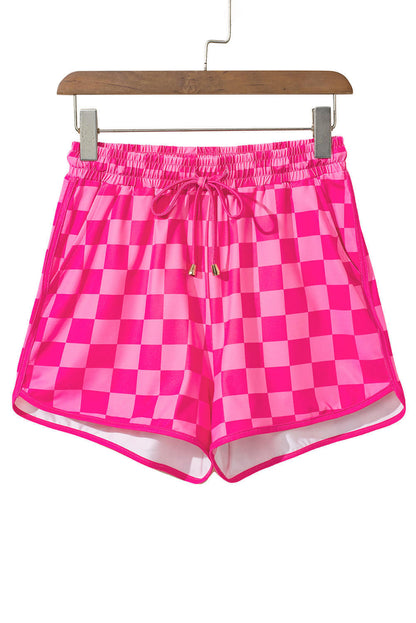 Lässige Shorts mit rosa kariertem Kordelzug und elastischem Bund