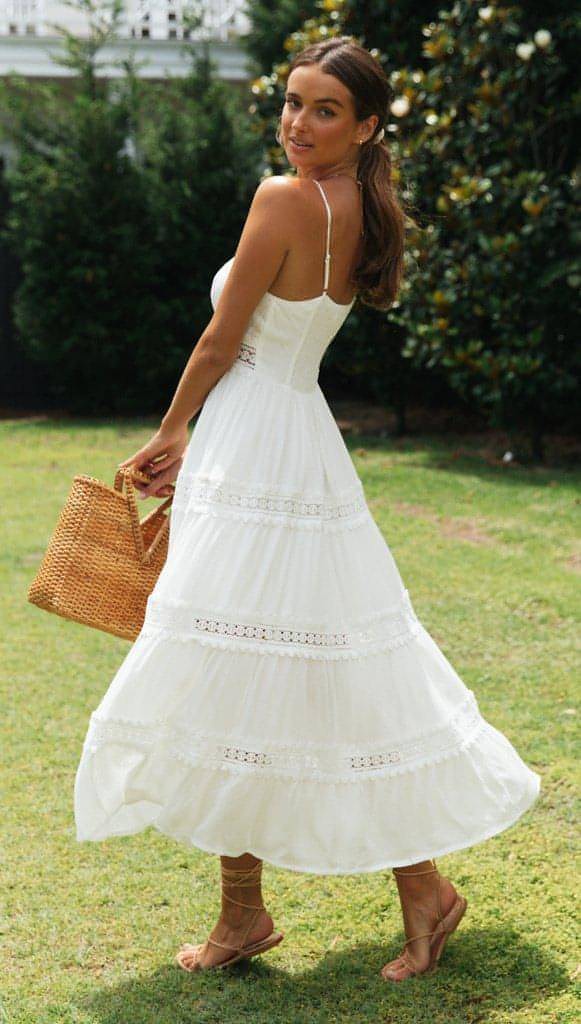 Boho Sling Dress Lace Panel Swing Skirt