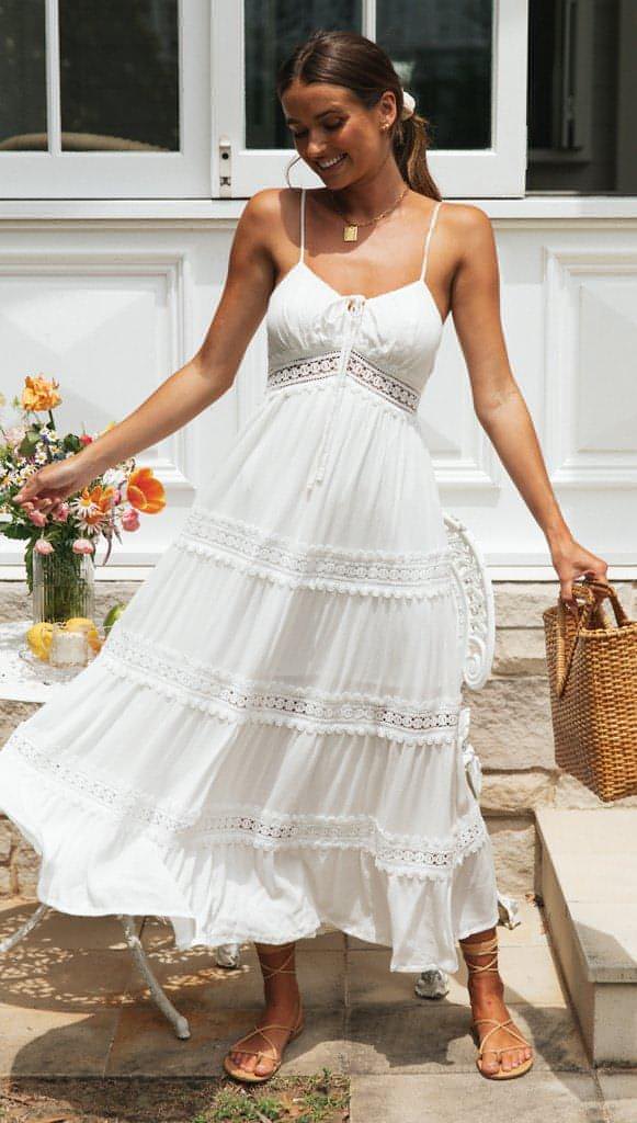 Boho Sling Dress Lace Panel Swing Skirt