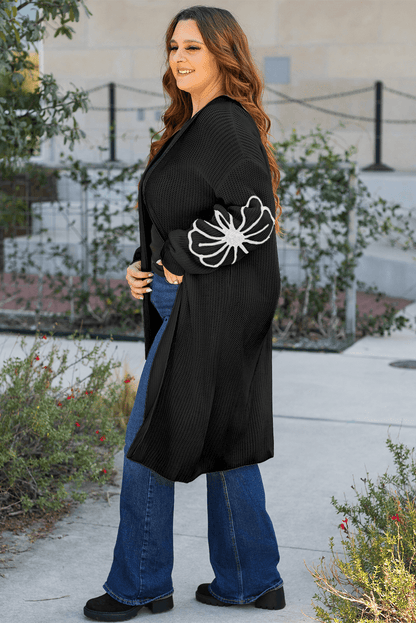 Schwarze Blume bestickte Drop Schulter offen vordere Staubwinge Cardigan