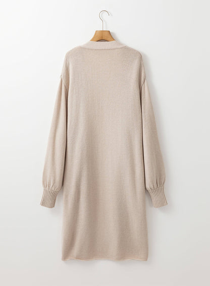 Beige sidelommer åpen front lang strikket cardigan