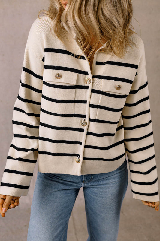 Zwarte streep flap pocket koord geknoopt Cardigan trui