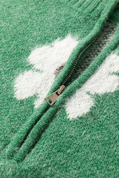 Maglione con spalle scoperte a mezza zip con motivo floreale verde