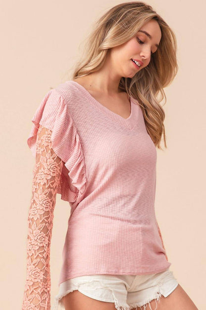 BiBi Ruffled Lace Sleeve Rib Knit Top