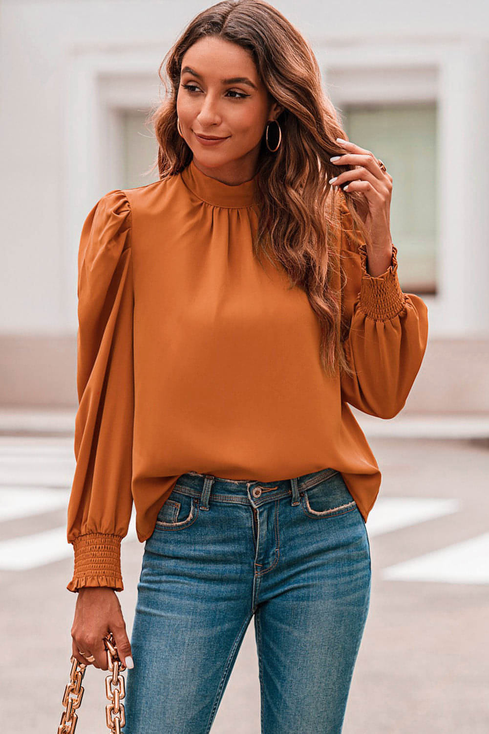 Oransje lang boblehylse Mock Neck Chiffon Bluse