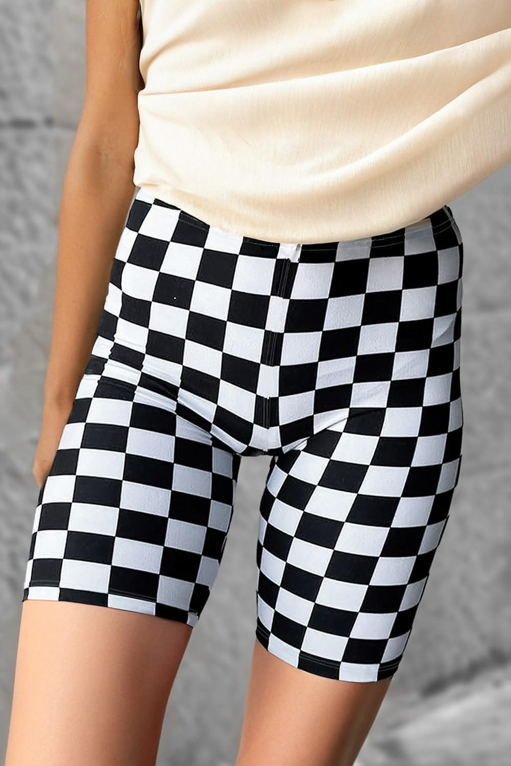 Black Checkerboard Printed High Waist Biker Shorts