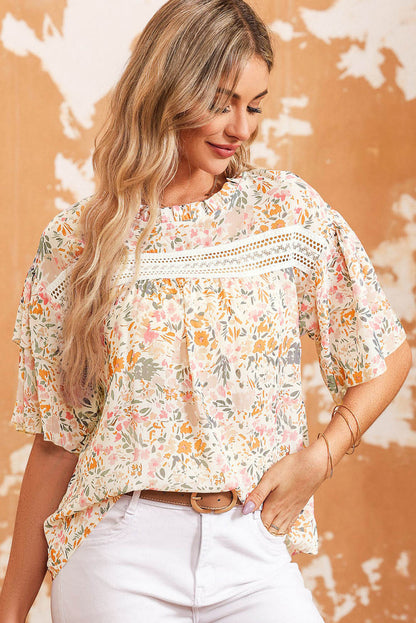 Multicolor Floral Print Wide Ruffle Blouse