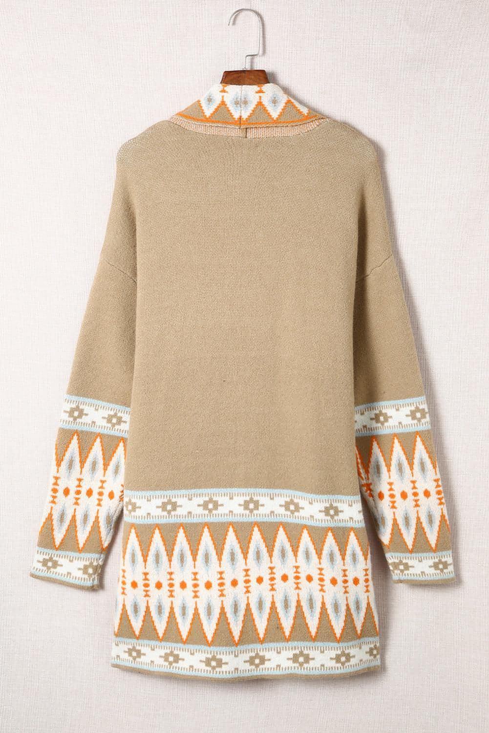 Khaki Aztec Print Strikket cardigan med åpen front foran