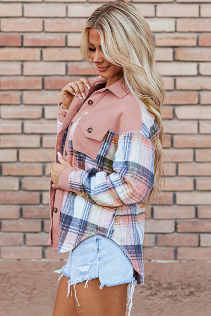 Light Pink Plaid Corduroy Patchwork Chest Pocket Shacket