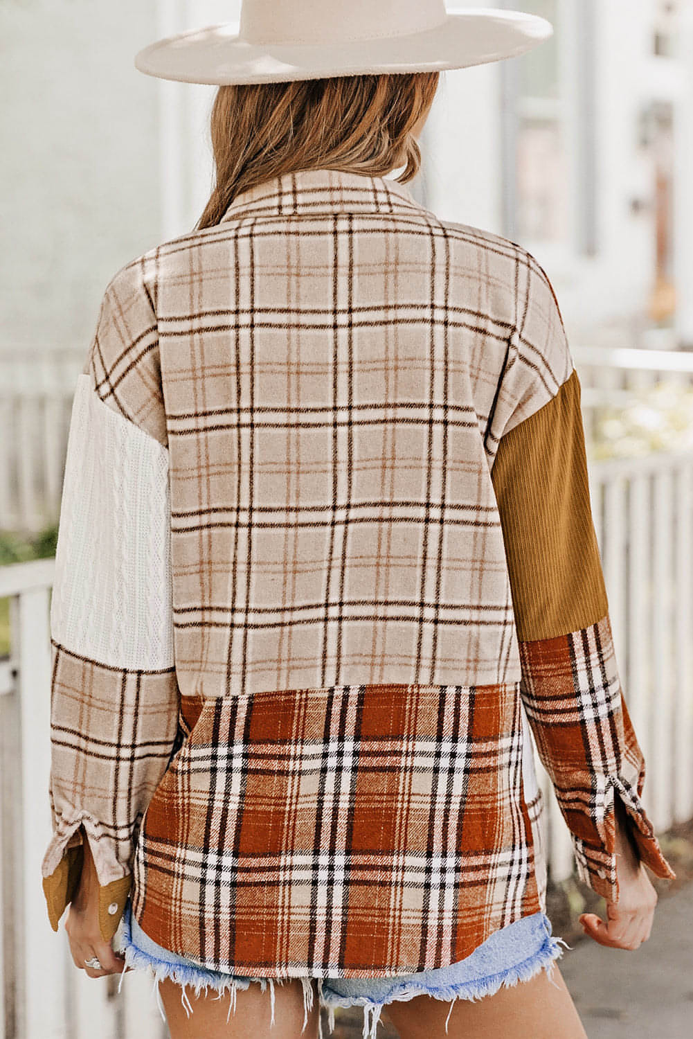 Orange Plaid Farbblock Patchwork -Hemdjacke mit Tasche