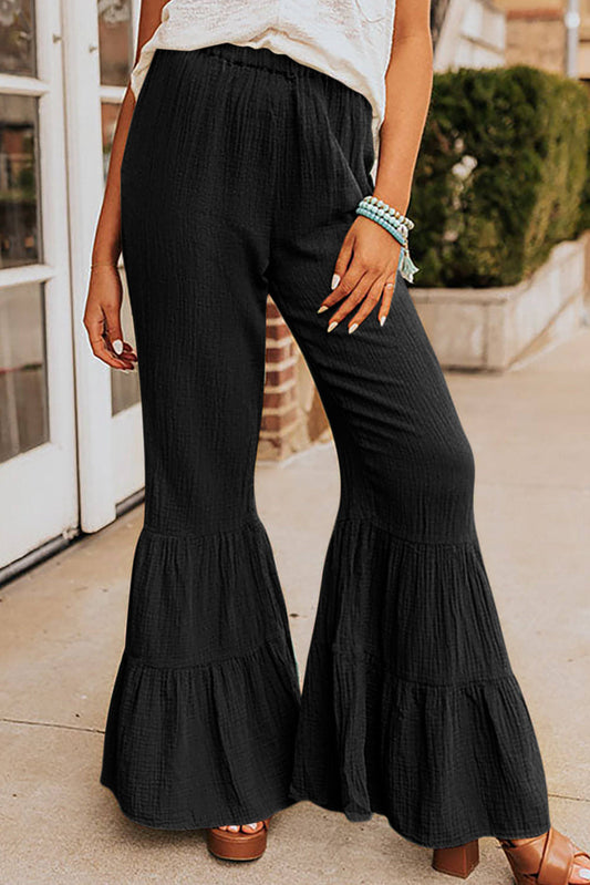 Black Textured High Waist Ruffled Bell Bottom Pants