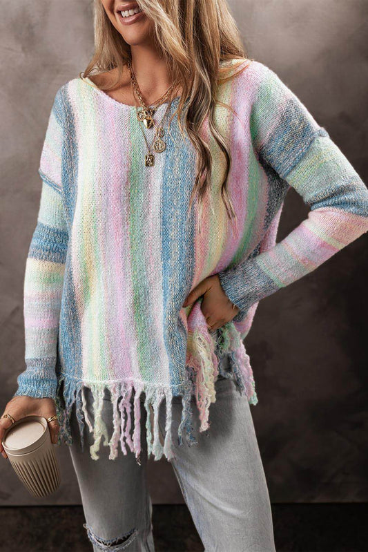 Lila Farbblock Franse Drop Schulter -Tunika -Pullover