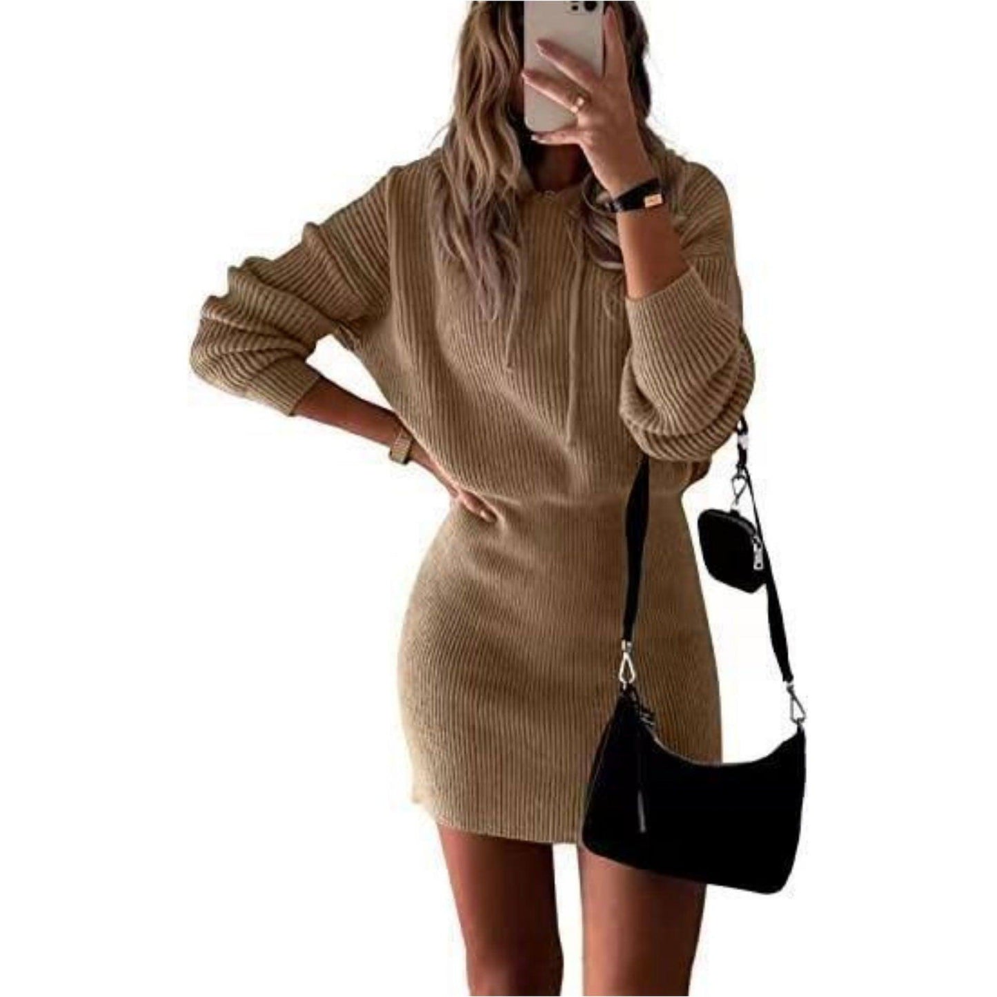 Casual Dress Mid-length Hooded Cinched Waist Sweater