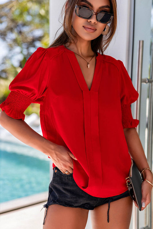 Blusa de escote en V y media manga en color rojo intenso