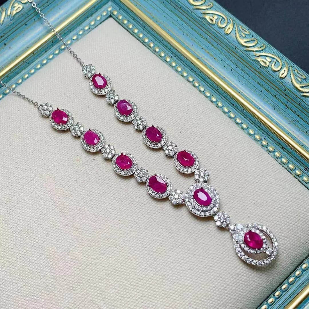 Women's 925 Silver Inlaid Natural Ruby Necklace