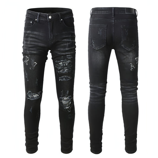 Schwarze zerrissene Jeans mit Cashew-Blumen-Aufdruck für Männer