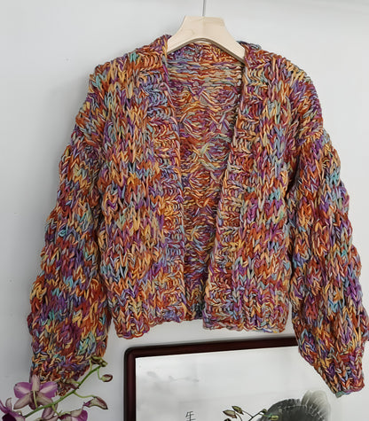 A.1 Hand-woven VG Rainbow Woven Lantern Sleeve Knitted Sweater Women