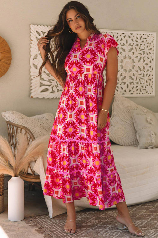 Abito maxi con scollo a V con stampa geo rosa fragola