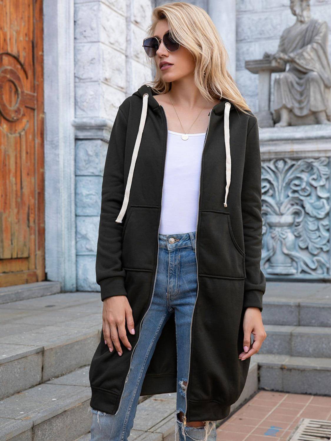 Ivy Lane polne velikosti zip-up longline Hoodie z žepi