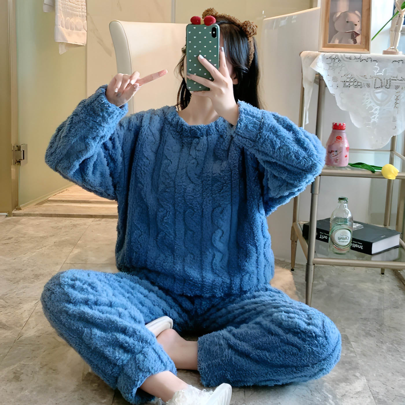 Thick Fleece Pajamas Women's Thermal Round-neck Flannel Homewear Suit