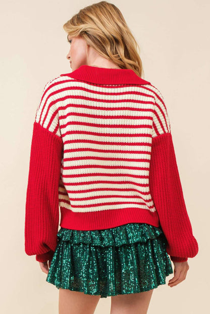 Red Stripe Lantern Sleeve V Golswar Drop Sweater