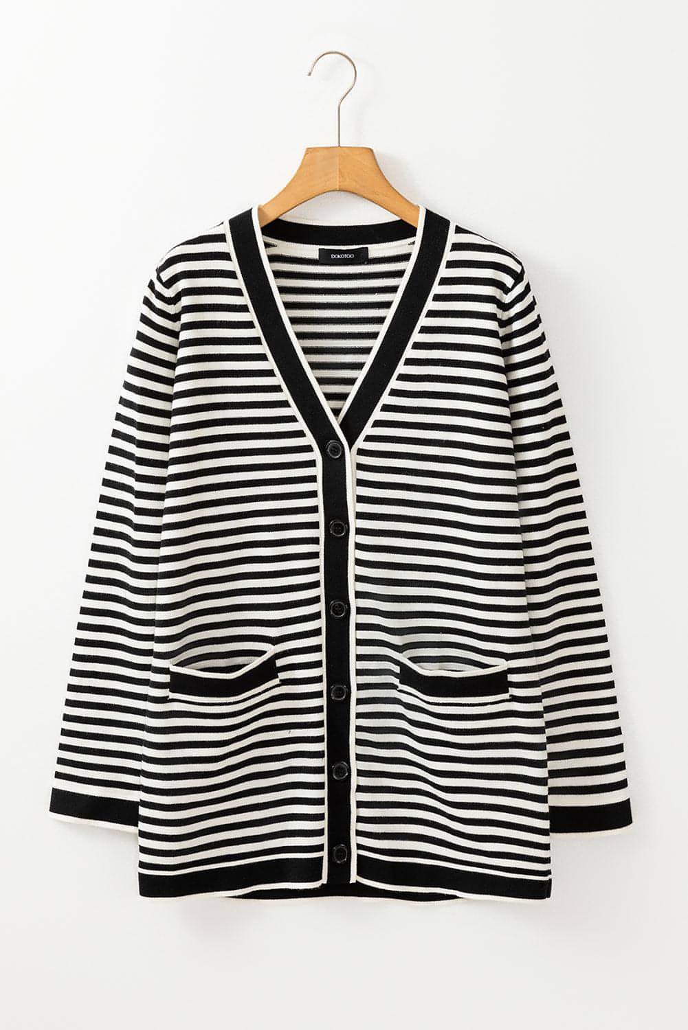 Black Stripe Gumb z dolgimi rokavi Up Tunic Cardigan