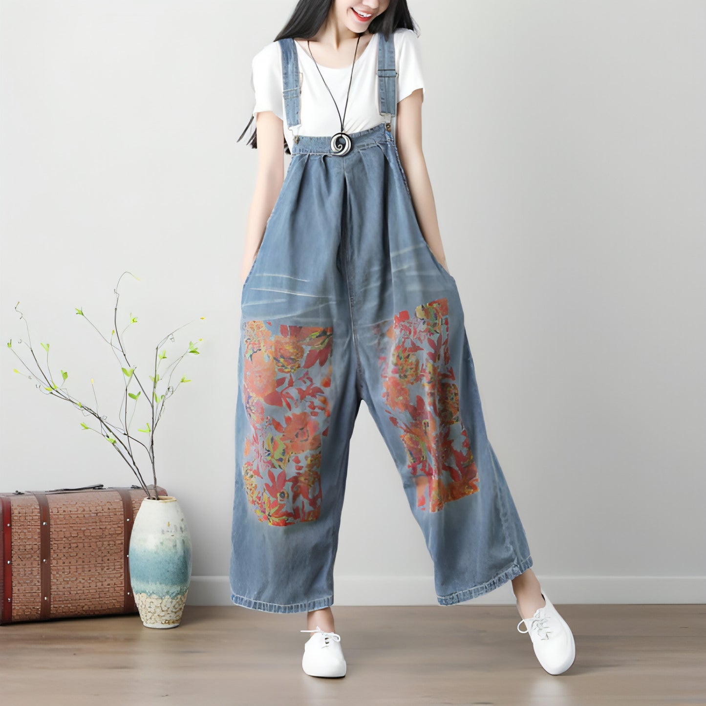 Spring And Summer Women's Plus Size Printed Suspender Pants