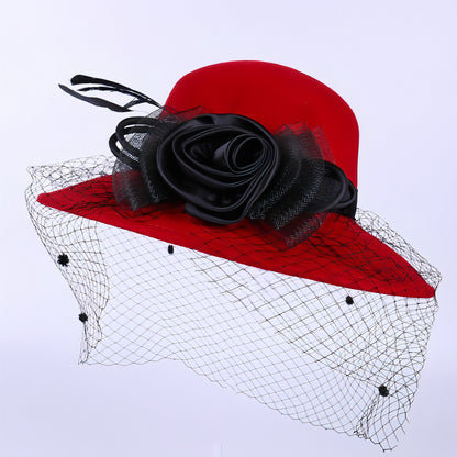 Pure Wool Ladies Banquet Lace Mesh Flower Big Brim Fisherman Hat