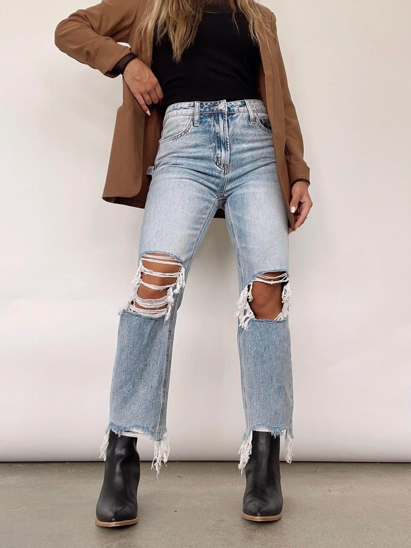 Water Washed Hole High Waist Loose Straight Trousers Women Jeans