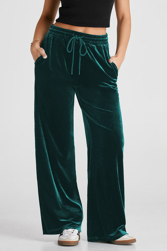 Pantalones anchos con cintura y cordón ajustable de color sólido Evergreen