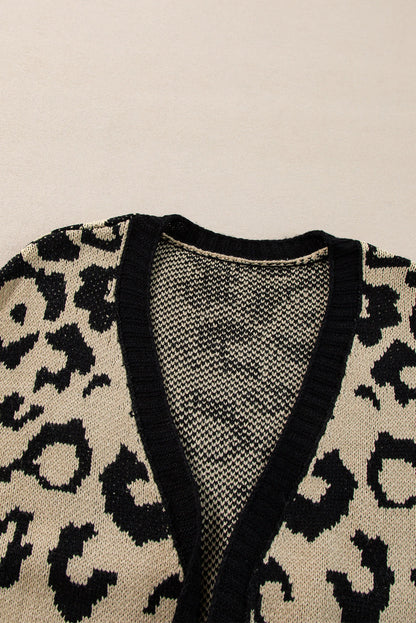 Black Stripe Sleeve Leopard Print Cardigan med åpen front og lommer