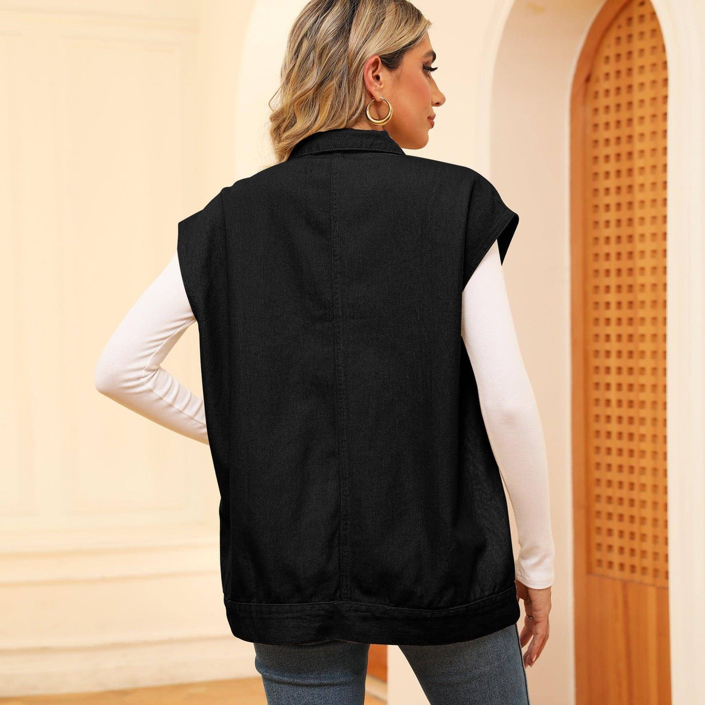 A.1 Denim Vest With Big Pockets Sleeveless Outwear Jacket for Women