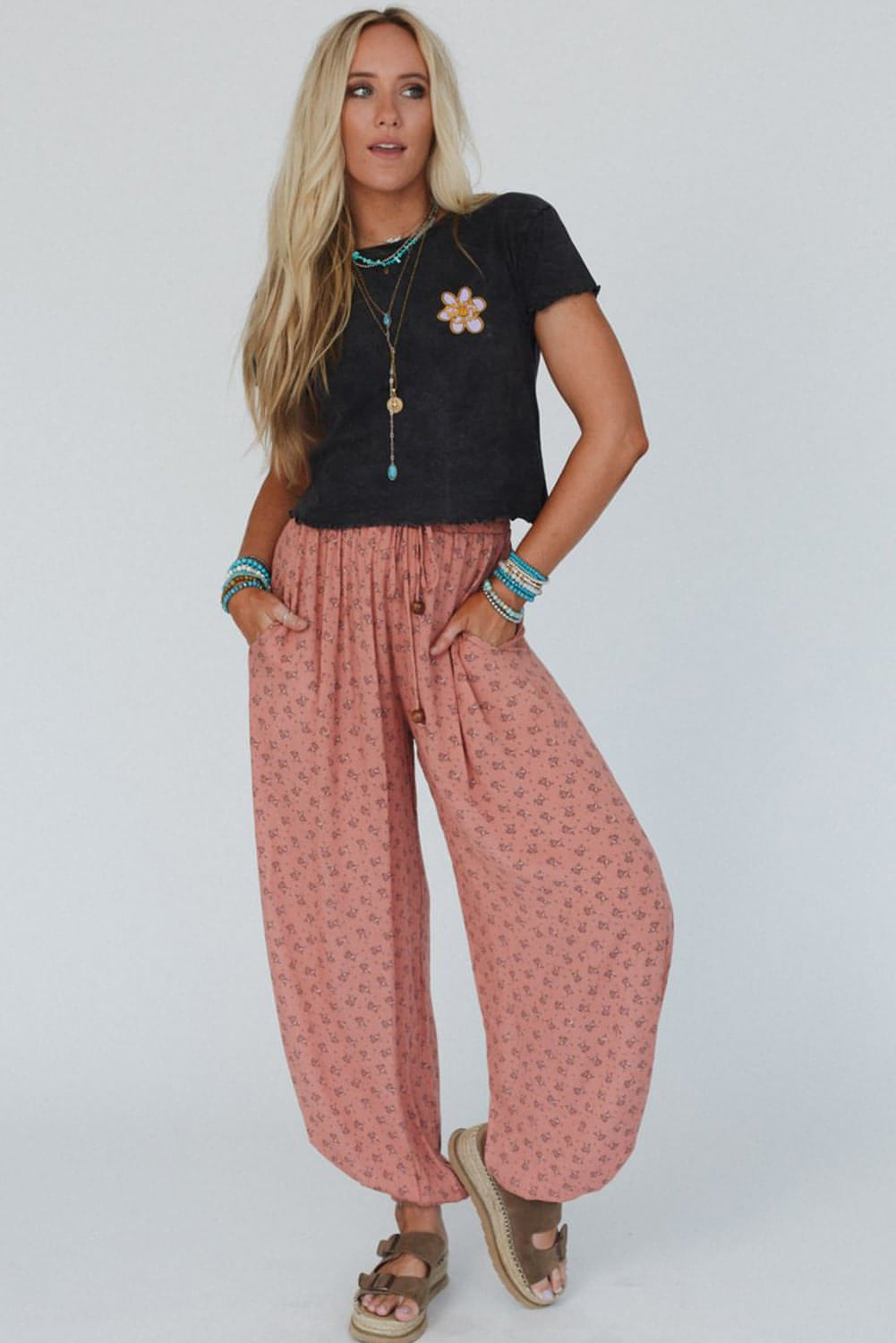 Pink Boho florale gedruckte Weitbein -Joggerhose