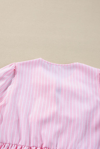 Pink Stripe Bowknot Front Crew Neck Puff Sleeve Bluse