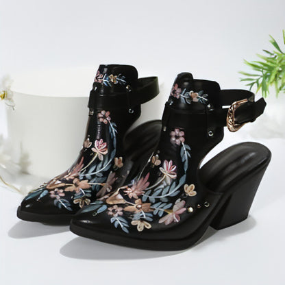 Personalized Retro Embroidery Rivet High Heels Chunky Heel