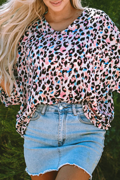 Pink Multicolor Leopard Print gegen Hals Übergroße Bluse