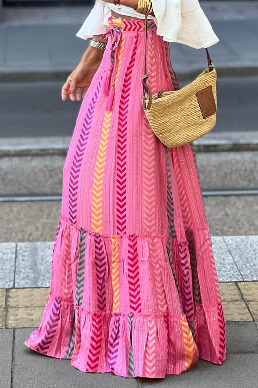 Pink Boho Tasselled Tasselled Creathup Ruffled Maxi Skirt