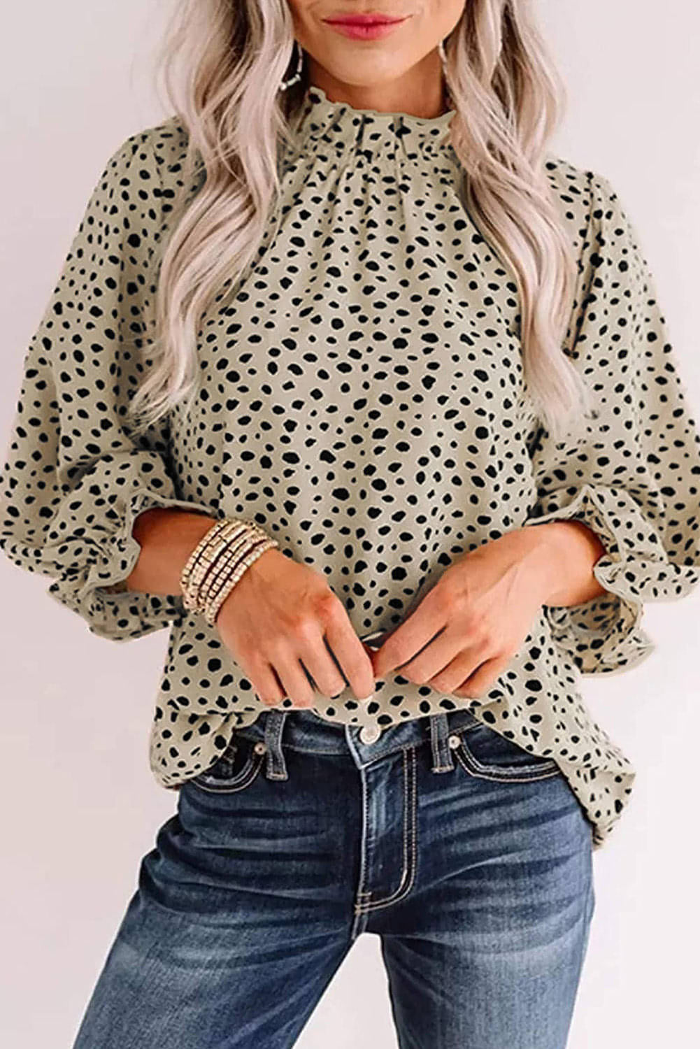 Khaki frillet nakke 3/4 ermer cheetah bluse