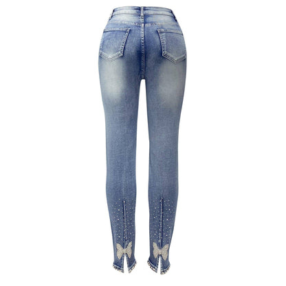 Damen Jeans Europäische und amerikanische trendige High Waist Beaded Skinny Tapered Pants