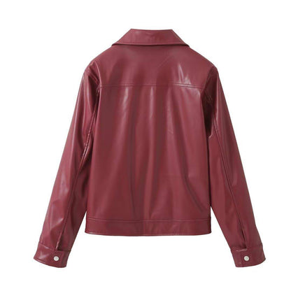 Retro Fashion Polo Collar Advanced PU Leather Jacket Coat