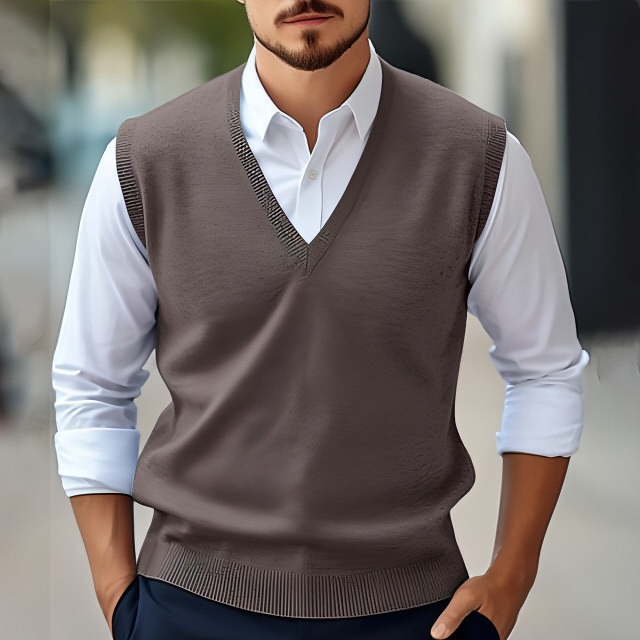 Men's Sleeveless Sweater Vest Casual Solid Color And V-neck