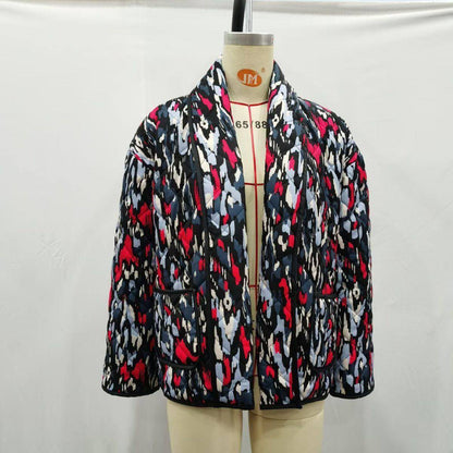 Women's Fashion Temperament Printed Thin Pocket Decorative Cotton-padded Coat Jacket