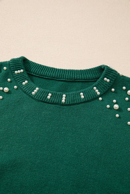 Evergreen-Perlenpullover mit überschnittener Schulterpartie und Rundhalsausschnitt