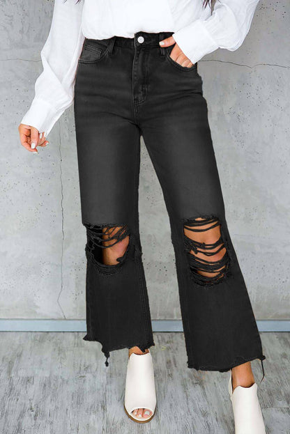 Sort distressed, uthult høy midje beskåret flare jeans