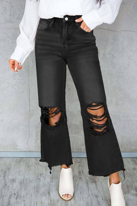 Schwarz Delessed hohl-out hohe Taillengeschnittene Flare-Jeans