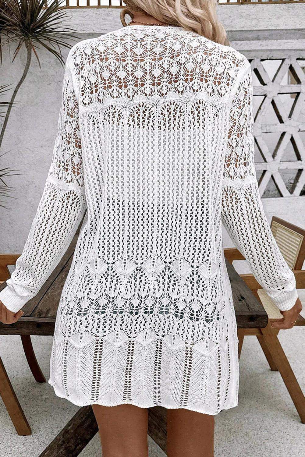 White Crochet Hollow Out Open Front Cardigan