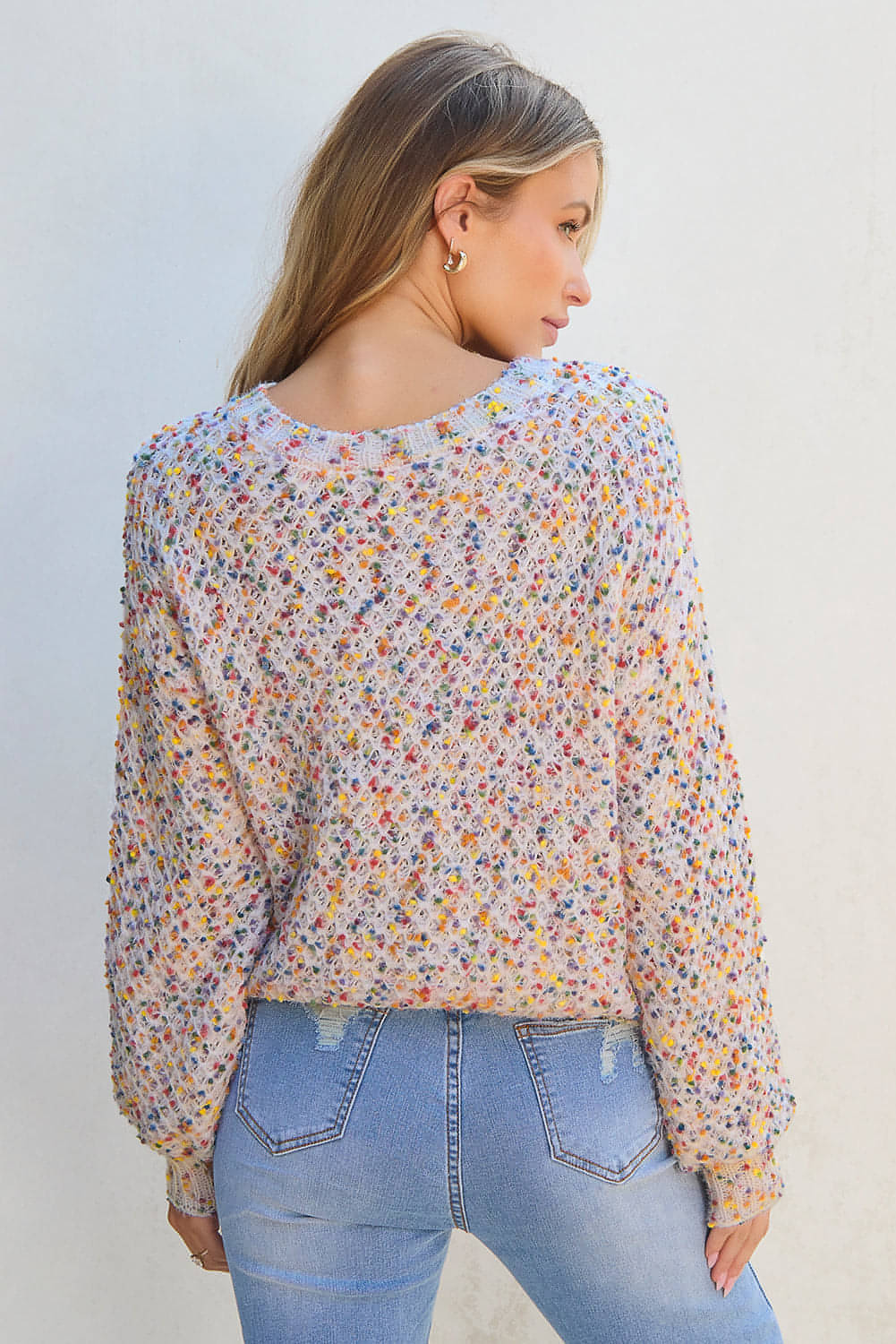 Weißes Popcorn-Pullover-Oberteil aus Konfetti-Strick