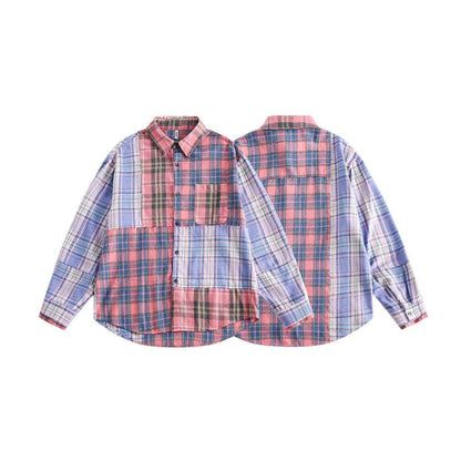 Spring Japanese Style Trend Plaid Stitching DressShirt Women